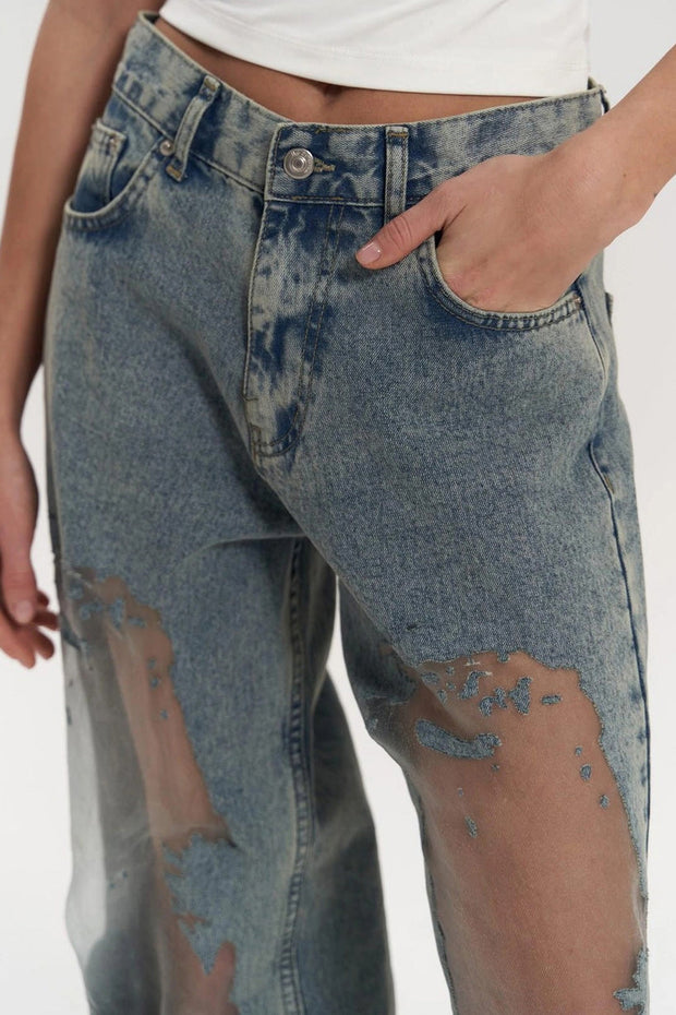 Women's High Waist Transparent Jeans - Chic Blue Cotton Pants in Size M