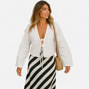 Women's Lace-Up Bow Blouse, Elegant V-Neck Top in Lightweight Fabric for Spring & Summer, Flared Long Sleeves