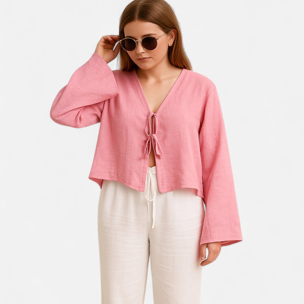 Women's Lace-Up Bow Blouse, Elegant V-Neck Top in Lightweight Fabric for Spring & Summer, Flared Long Sleeves