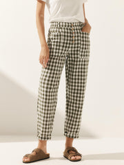 Women's Linen Pants with Tapered Fit and Button Fly Closure – Comfortable Checked Trousers
