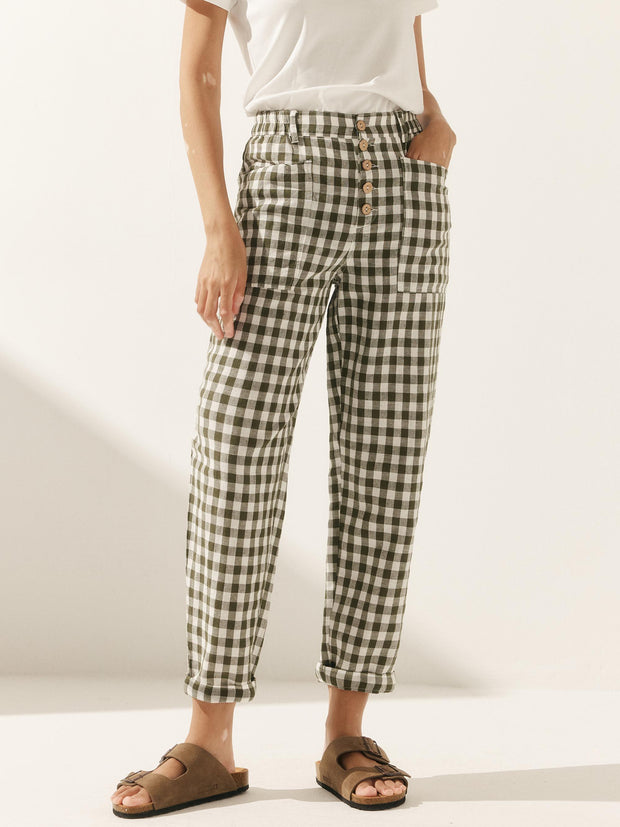Women's Linen Pants with Tapered Fit and Button Fly Closure – Comfortable Checked Trousers