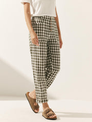 Women's Linen Pants with Tapered Fit and Button Fly Closure – Comfortable Checked Trousers