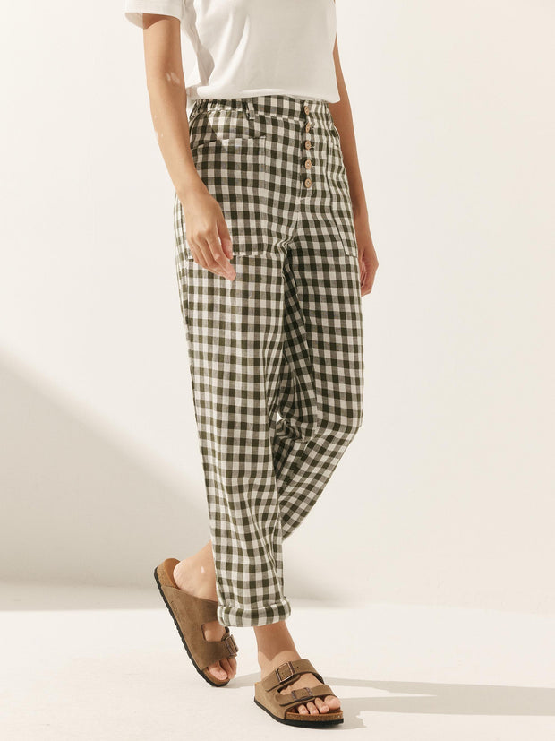 Women's Linen Pants with Tapered Fit and Button Fly Closure – Comfortable Checked Trousers