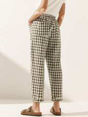 Women's Linen Pants with Tapered Fit and Button Fly Closure – Comfortable Checked Trousers