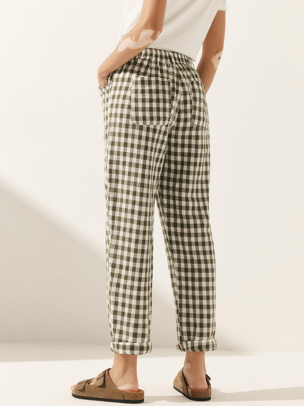 Women's Linen Pants with Tapered Fit and Button Fly Closure – Comfortable Checked Trousers