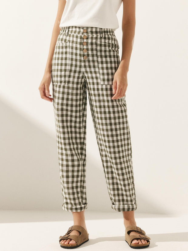 Women's Linen Pants with Tapered Fit and Button Fly Closure – Comfortable Checked Trousers