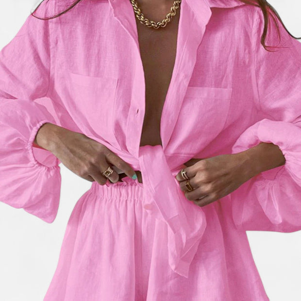 Women's Linen Two Piece Lounge Set - Tailored Top and Matching Trousers, Breathable Co Ord Set for Effortless Style