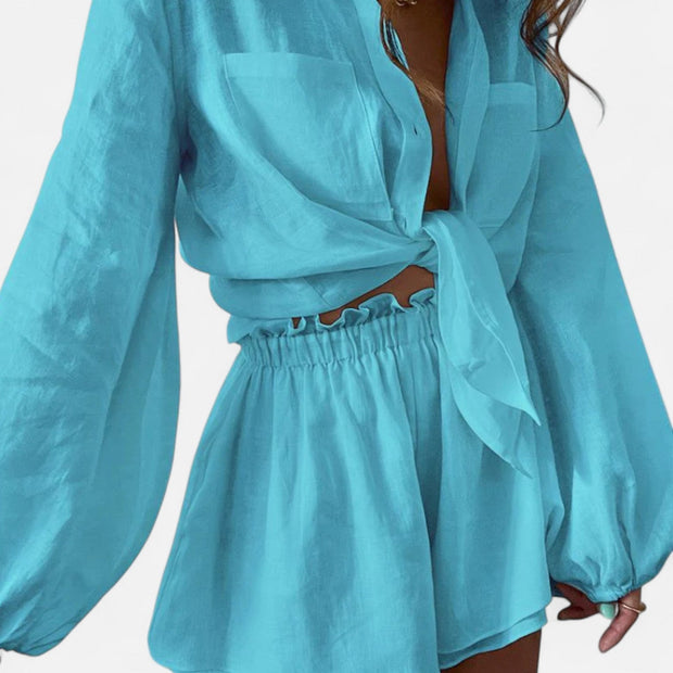 Women's Linen Two Piece Lounge Set - Tailored Top and Matching Trousers, Breathable Co Ord Set for Effortless Style