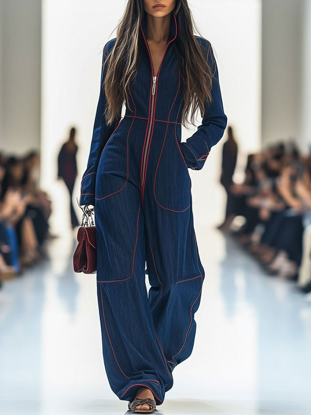 Women's Red Denim Jumpsuit with Wide Leg and Long Sleeves – Size M