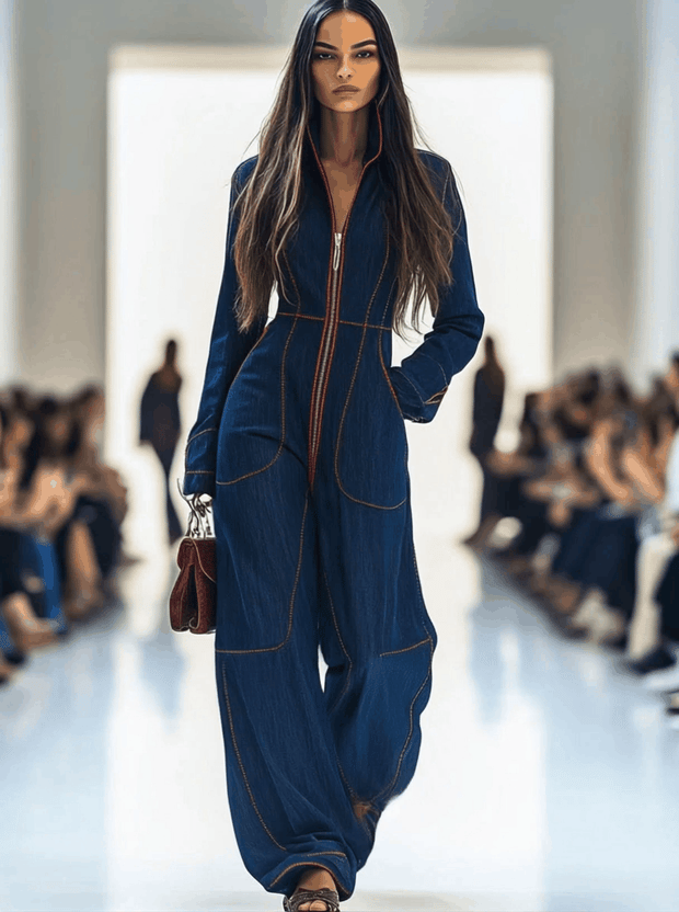 Women's Red Denim Jumpsuit with Wide Leg and Long Sleeves – Size M