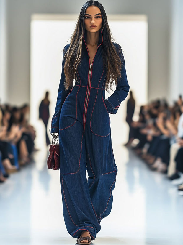Women's Red Denim Jumpsuit with Wide Leg and Long Sleeves – Size M