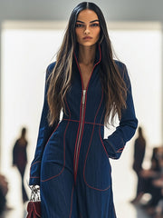 Women's Red Denim Jumpsuit with Wide Leg and Long Sleeves – Size M