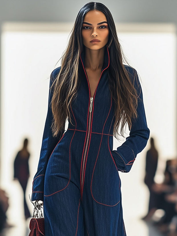 Women's Red Denim Jumpsuit with Wide Leg and Long Sleeves – Size M