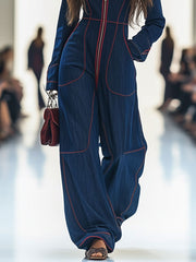Women's Red Denim Jumpsuit with Wide Leg and Long Sleeves – Size M