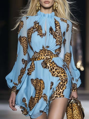 Women's Sky Blue Mini Dress with Leopard Print and Ruffle Neckline – Sizes S-3XL