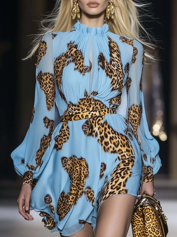 Women's Sky Blue Mini Dress with Leopard Print and Ruffle Neckline – Sizes S-3XL