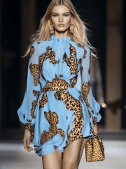 Women's Sky Blue Mini Dress with Leopard Print and Ruffle Neckline – Sizes S-3XL
