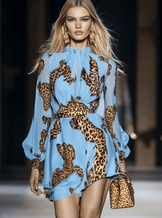 Women's Sky Blue Mini Dress with Leopard Print and Ruffle Neckline – Sizes S-3XL