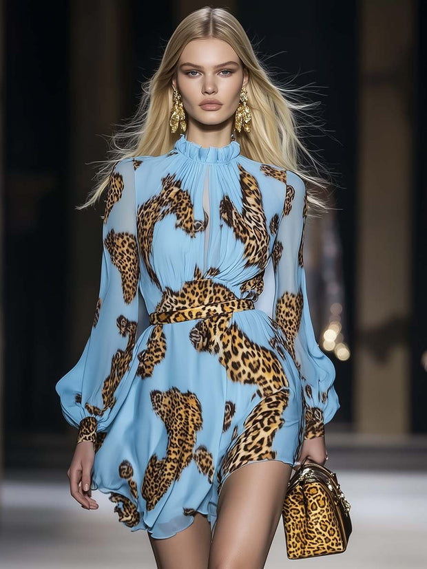 Women's Sky Blue Mini Dress with Leopard Print and Ruffle Neckline – Sizes S-3XL