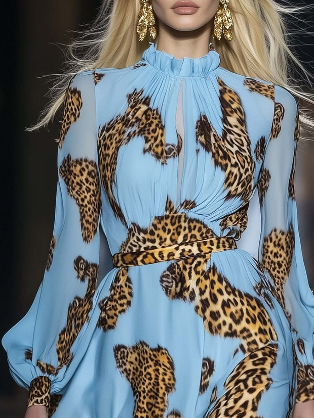 Women's Sky Blue Mini Dress with Leopard Print and Ruffle Neckline – Sizes S-3XL