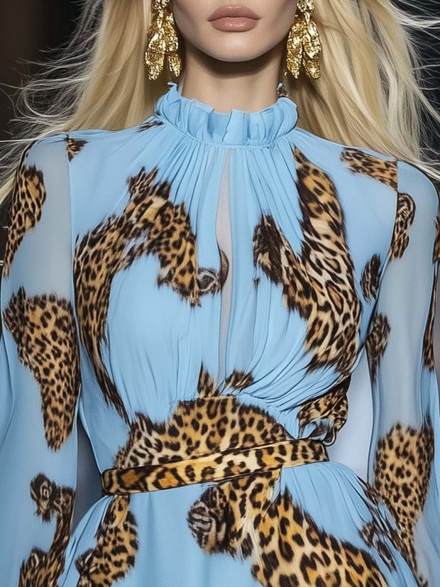 Women's Sky Blue Mini Dress with Leopard Print and Ruffle Neckline – Sizes S-3XL