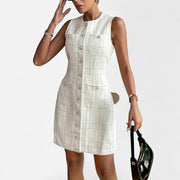 Women's Tweed Cocktail Dress with Pearl Button Closure – Elegant Sleeveless Formal Dress for Special Occasions