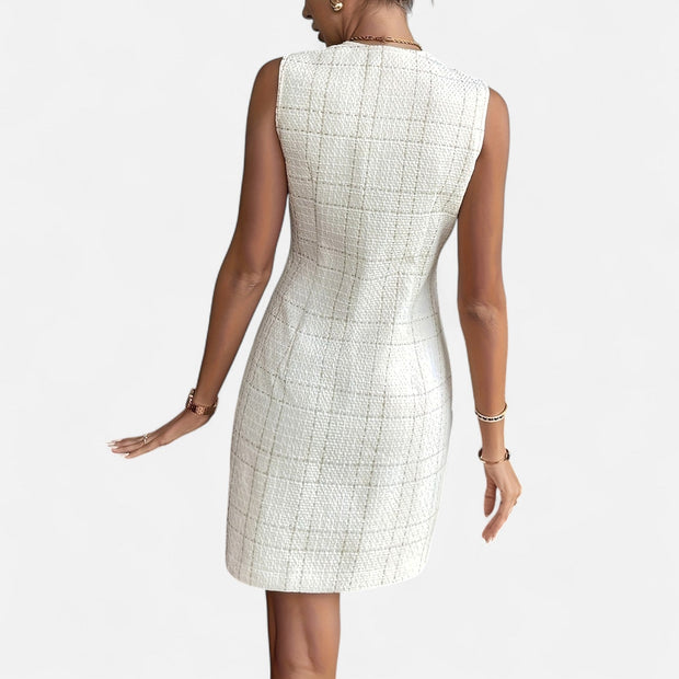 Women's Tweed Cocktail Dress with Pearl Button Closure – Elegant Sleeveless Formal Dress for Special Occasions