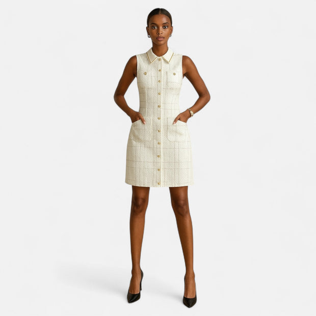 Women's Tweed Cocktail Dress with Pearl Button Closure – Elegant Sleeveless Formal Dress for Special Occasions