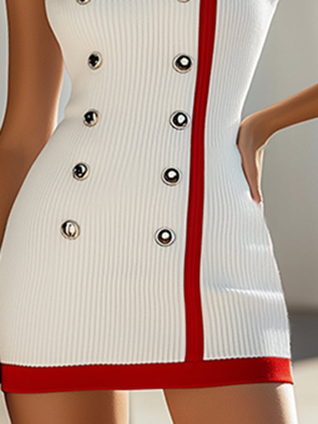 Women's White Mini Dress with Red Contrast – Sizes S-3XL, Soft Knit Fabric