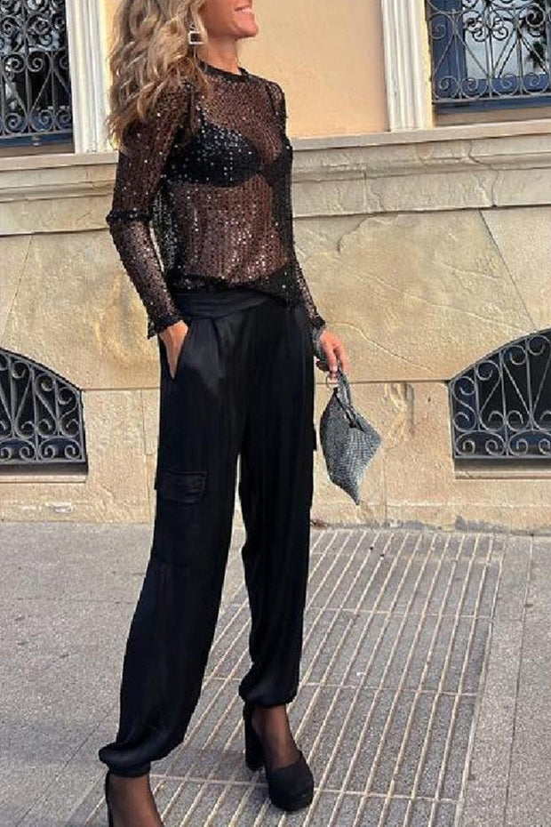 BellaModa Sequined Blouse - Add a Touch of Sparkling Elegance to Your Evenings-Cramta