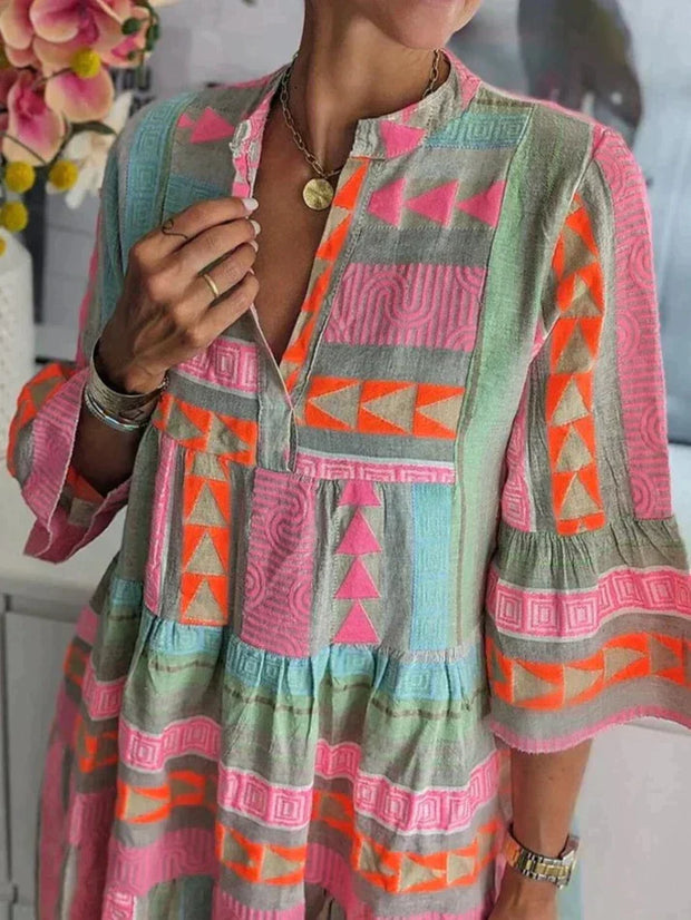 Mabel Long Dress – Elegant with V-Neck and Exclusive Pattern-Cramta