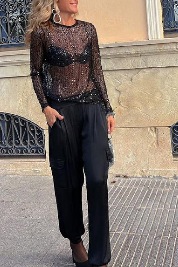 BellaModa Sequined Blouse - Add a Touch of Sparkling Elegance to Your Evenings-Cramta