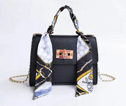 LumiElegance Brown Leather Handbag with Gold Details and Silky Scarf - Sophisticated Elegance-Cramta