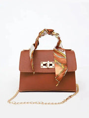 LumiElegance Brown Leather Handbag with Gold Details and Silky Scarf - Sophisticated Elegance-Cramta