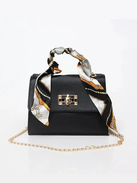 LumiElegance Brown Leather Handbag with Gold Details and Silky Scarf - Sophisticated Elegance-Cramta